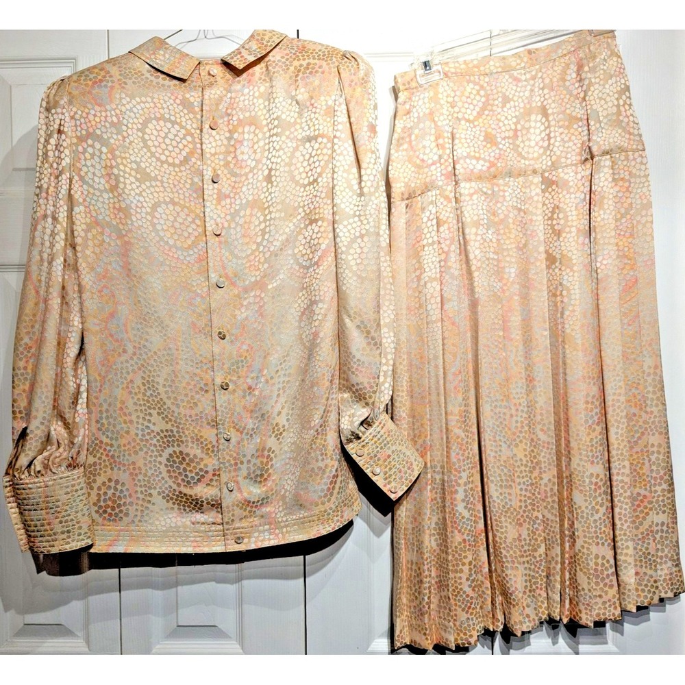 Vintage Adele Simpson Silk Blouse Skirt Set Women 6 Jacquard Pastel 70-80s Mint!
